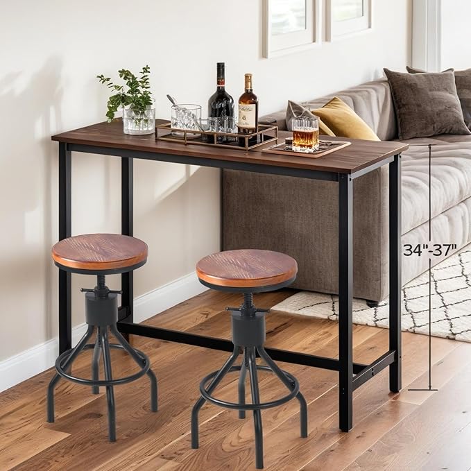 Industrial Bar Stool-Set of 2-Swivel Counter Coffee Chair-Extra Pub Height Adjustable 22-33 inch