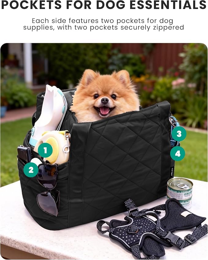 Lightweight Dog Purse Carrier for Small Dogs up to 15 lbs, Dog Tote Bag Puppy Carrier, Soft Plush Interior, Safety Leash Clip, 4 Side Pockets Dog Carrier Bag for Travel & Walking, Black