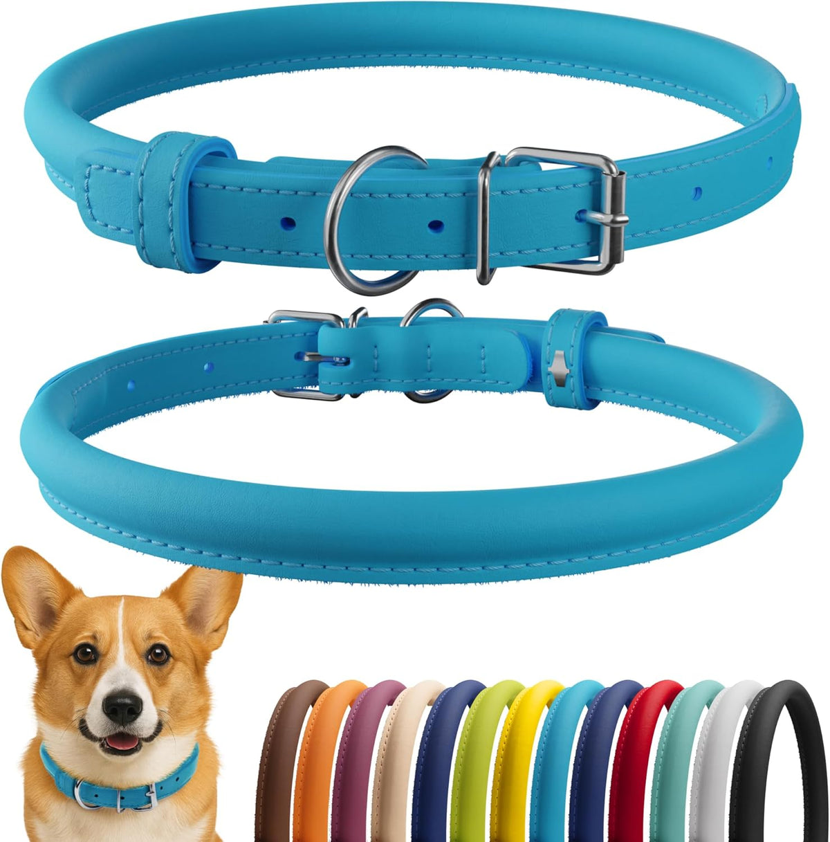CollarDirect Rolled Leather Dog Collar, Soft Padded Round Puppy Collar, Handmade Genuine Leather Collar Dog Small Large Cat Collars 13 Colors (13-16 Inch, Light Blue)