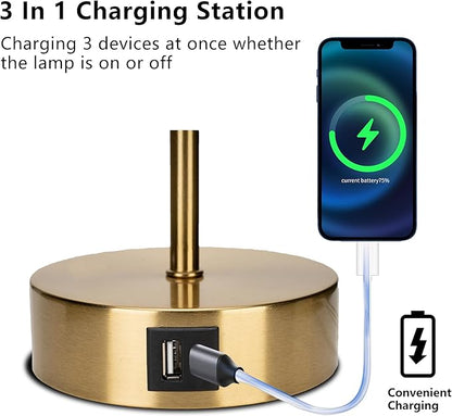 Bedside Table Lamp for Bedroom - 3 Way Dimmable Touch Lamp USB C Charging Ports and AC Outlet, Gold Base Round Flaxen Fabric Shade for Living Room, Desk, LED Bulb Included(Gold Touch Control)