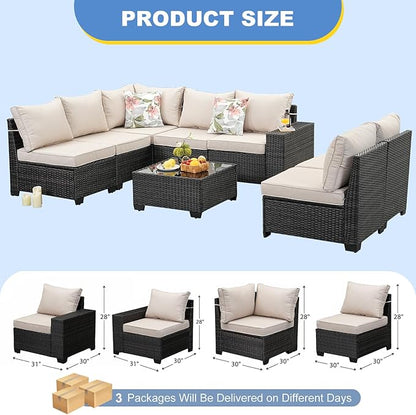 SunloungeCo Patio Furniture Set, 8 Pieces Outdoor Couch Sofa with Wider Armrests & Glass Coffee Table, Outdoor Sectional Furniture with Thick Cushions for Party, Poolside,Garden-Beige