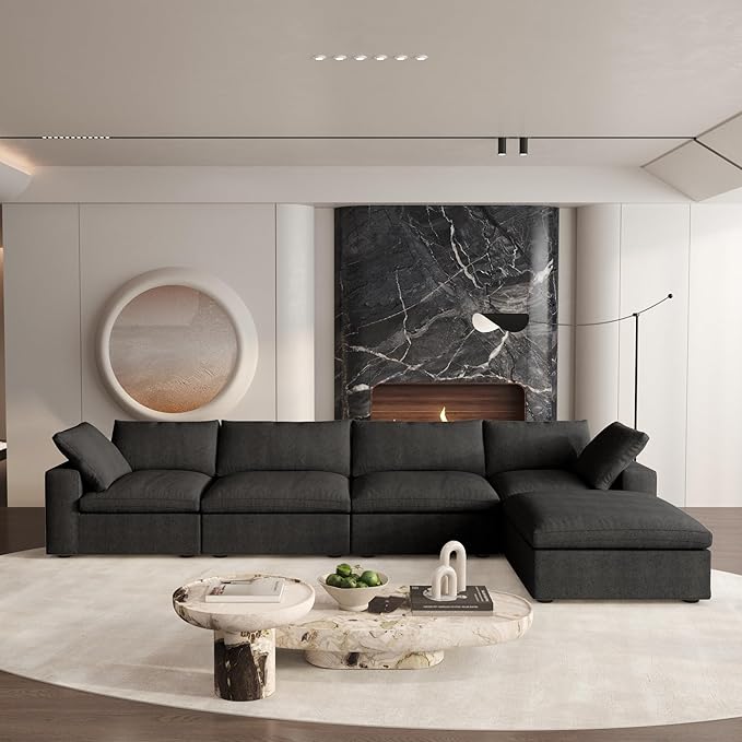 Cloud Couch Modular Sectional Sofa,160.6" L Shaped Convertible Sectional Sofas with Storage Ottoman for Living Room,Minimalist Deep 5 Seater, Covers Washable&Replaceable(Black)