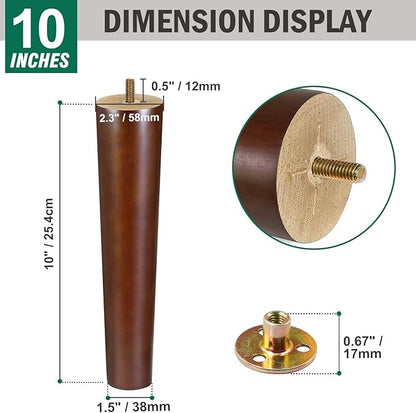 FoDau770 Brown Rubber Wood Furniture Legs 10 Inches, Straight Tapered Wood Feet Mid Century Sofa Legs Set of 4, 5/16" UNC Furniture Feet for Cabinet Couch Dresser Chair Ottoman Table