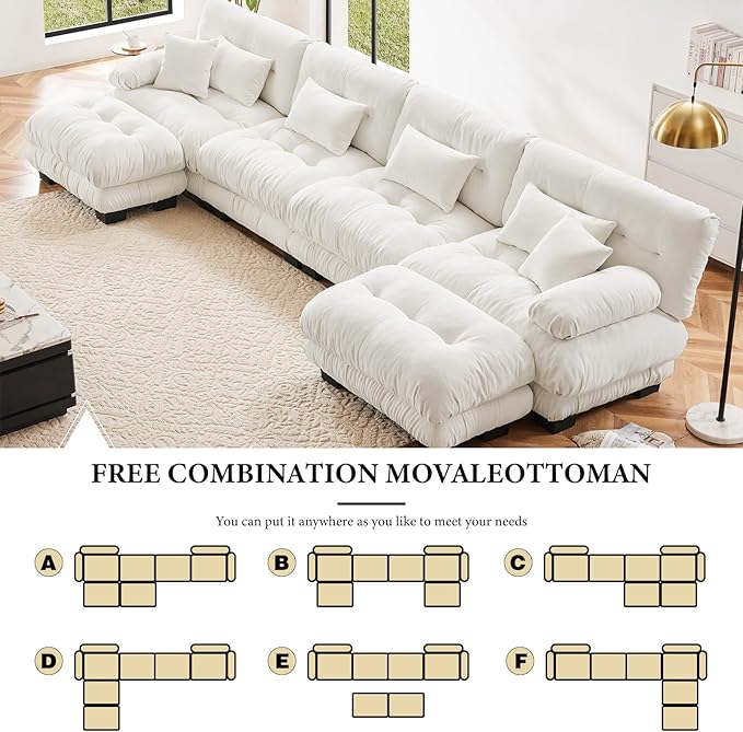 173.2" Oversized Couch, 4 Seater Modular Sectional Sofa, White Large U Shaped Sectional Fluffy Couch Set, Chenille Cloud Couch with Ottoman, Deep Seat Sofas for Living Room