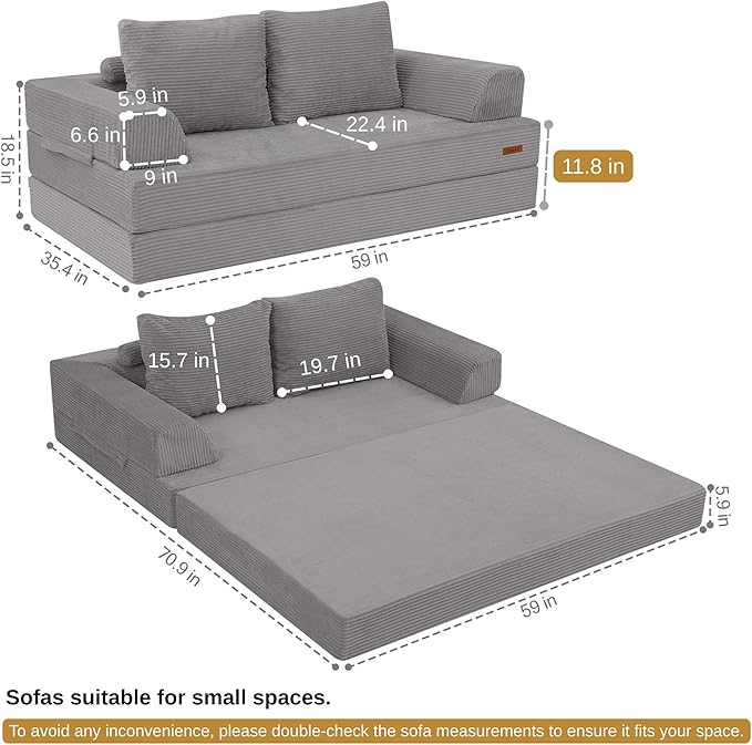 COMAX Convertible Sofa Bed, Folding Floor Couch Corduroy Fold Out Couch Bed Futon Sleeper Mattress with Pillows, Boneless Sofa Comfy Lounge Loveseat for Living Room Bedroom, Light Grey