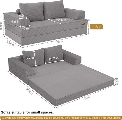 COMAX Convertible Sofa Bed, Folding Floor Couch Corduroy Fold Out Couch Bed Futon Sleeper Mattress with Pillows, Boneless Sofa Comfy Lounge Loveseat for Living Room Bedroom, Light Grey