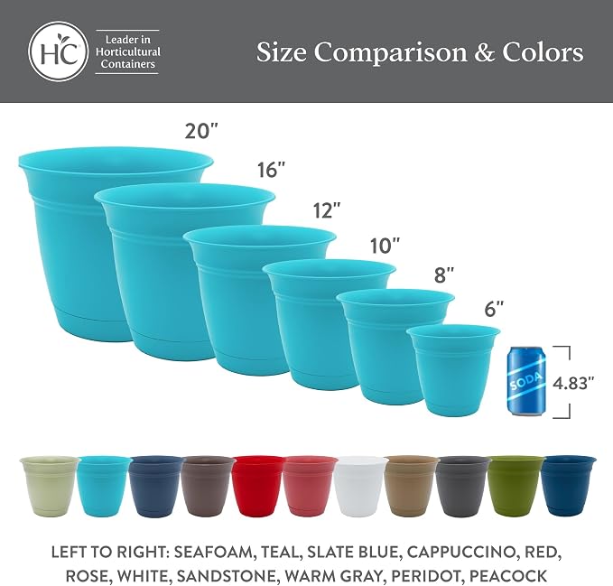 The HC Companies 6 Inch Eclipse Round Planter Pots with Drainage Holes & Attached Saucer, Lightweight UV-Resistant Plastic Indoor & Outdoor Planters, 4-Pack Flower Pots for Garden & Home Decor, White