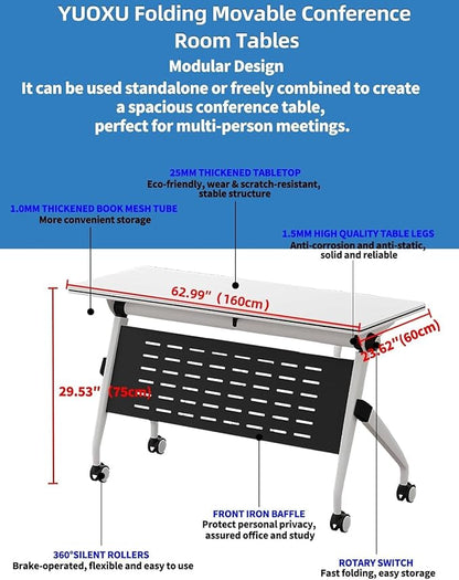 YUOXU Conference Room Table,Folding Conference Table,Flip Top Mobile Desk with Locking Silent Casters-Space Saving Rolling Table for Training Room, Office, Classroom (6, 62.99 * 23.62 * 29.53")