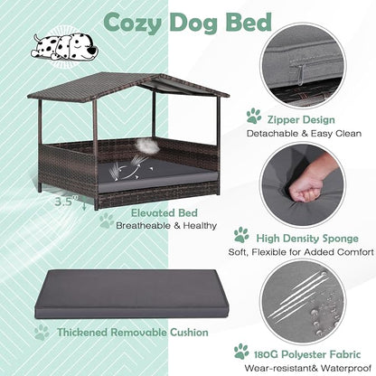 Wicker Dog Bed House, Indoor Outdoor HDPE Rattan Dog Houses, Raised Dog Cot Pet House, Elevated Pets Sofa w/Washable Cover, Waterproof Roof Shelter, Removable Cushion Lounge