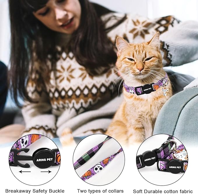ARING PET 2 Pack Cat Collars-Cute Cat Collar Breakaway with Bell & Pendant, Adjustable Purple Halloween Kitten Collars with Safety Buckle for Girl and Boy Cats