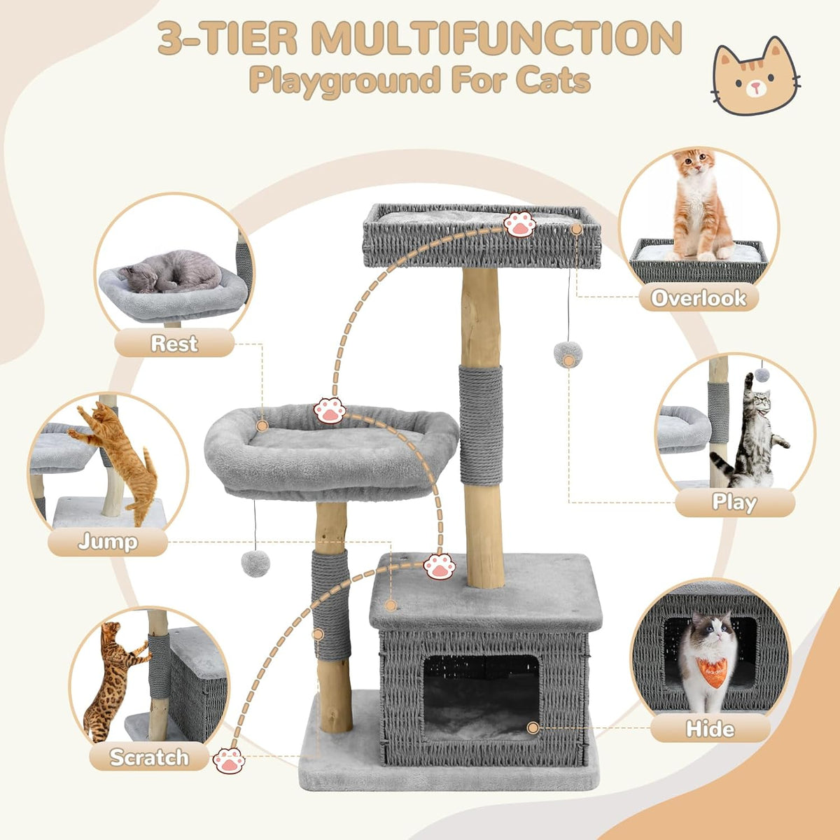 Modern Cat Tree for Large Cats - Multi-Level Wooden Tower with Scratching Posts, Large Jumping Platforms, Hanging Toy - Modern Luxury Cat Furniture for Indoor Cats-Grey