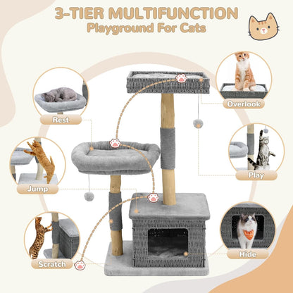 Modern Cat Tree for Large Cats - Multi-Level Wooden Tower with Scratching Posts, Large Jumping Platforms, Hanging Toy - Modern Luxury Cat Furniture for Indoor Cats-Grey