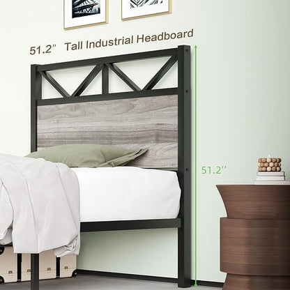 Twin Size Bed Frame with 51.2" Tall Headboard and Footboard, Platform Bed Frame with Metal Support, Solid and Stable, Noise Free, No Box Spring Needed, Wash Grey