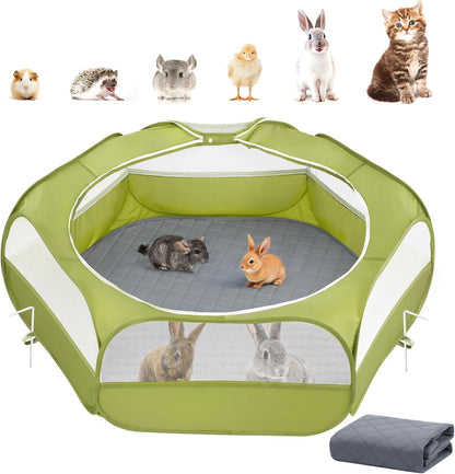 2-in-1 Small Animals Playpen with Pad, Waterproof Small Pet Cage Tent with Reusable Pad, Portable Outdoor Yard Fence with 3 Metal Rod for Chick/Kitten/Puppy/Guinea Pig/Rabbits/Chinchillas, Green