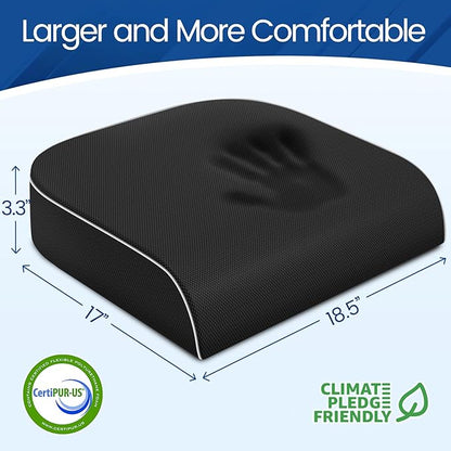 SweetSlubr Seat Cushion for Tailbone Pain Relief, Office Chair Cushion, Memory Foam Large Chair Cushion with Non-Slip Cover for Soft Support at Office Chair, Car Seat, Airplane Black/XLarge