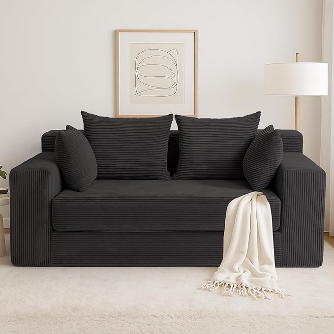 Convertible Sofa Bed, 3 in 1 Loveseat Folding Couch Bed Foldable - Chaise Lounge Chair & Floor Futon Sleeper, Corduroy Pull Out Sofa Bed with 4 Pillows for Living Room, Black