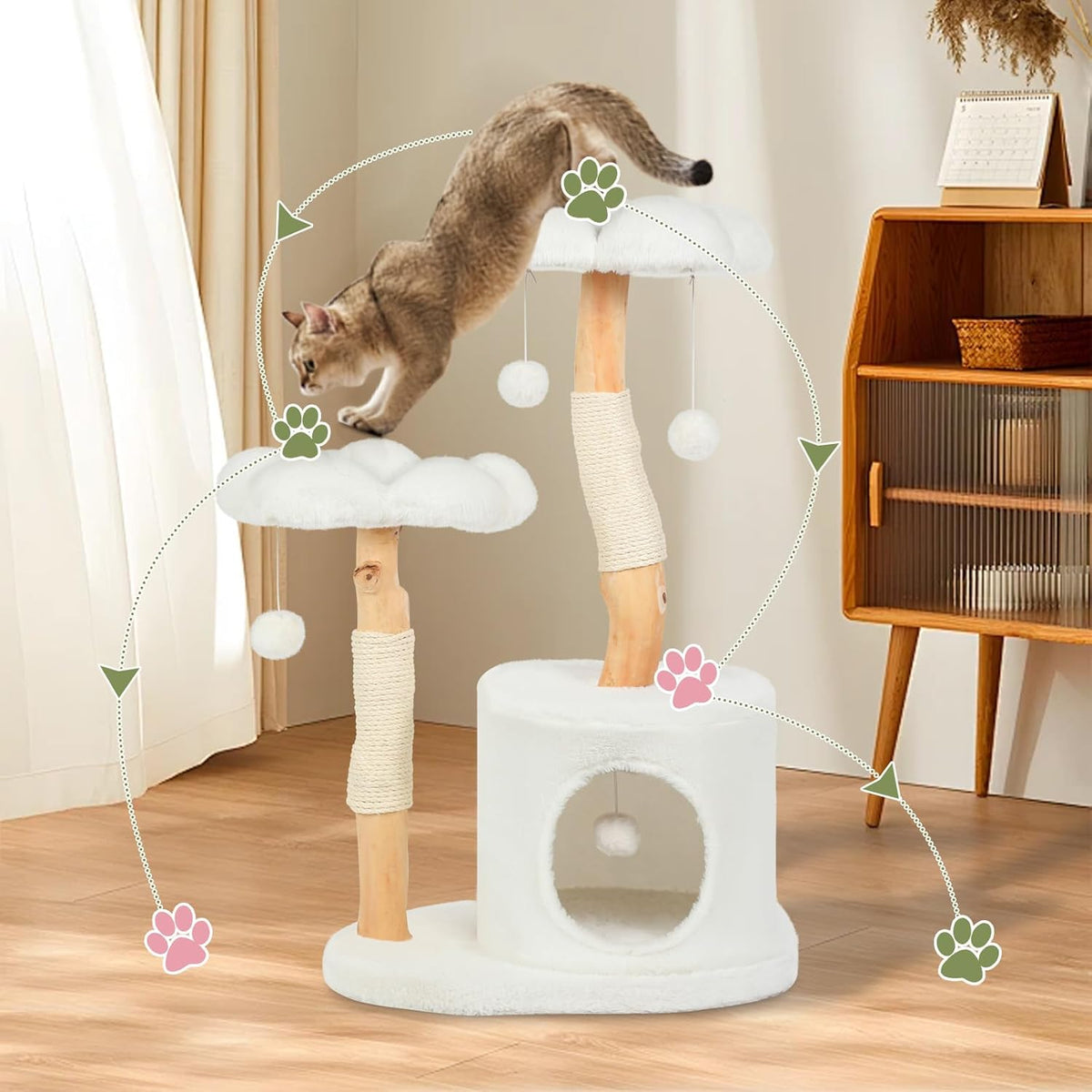 Cute Cat Tree Tower for Indoor Cats Adult, Wood Flower Cat Trees with 6 Pompoms, Modern Cat Tree Tower with Scratching Post, Aesthetic Luxury Cat Condo for Cats Kitten, Alpine White