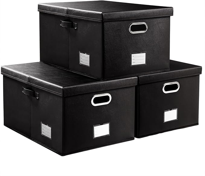 PRANDOM Collapsible Storage Box with Lid [3-Pack] Leather Fabric Foldable Storage Bin Organizer Container Basket Cube with Cover for Home Bedroom Closet Office Nursery Black(22.8X15.7X11.8)
