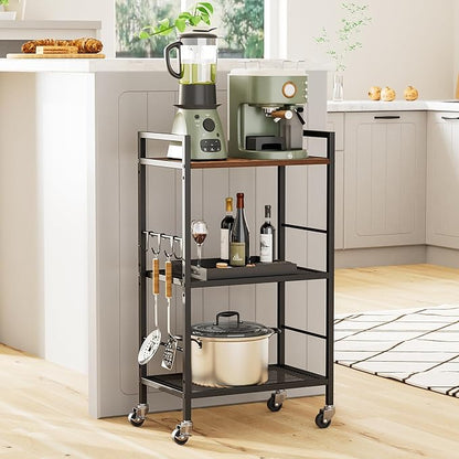 XIVIRACK 3-Tier Metal Storage Rack with Industrial Wheels,Mesh Shelving Unit with Wooden Table top,Adjustable Shelf,16.9-Inch Width,for Kitchen,Laundry,Pantry,Plant,Black