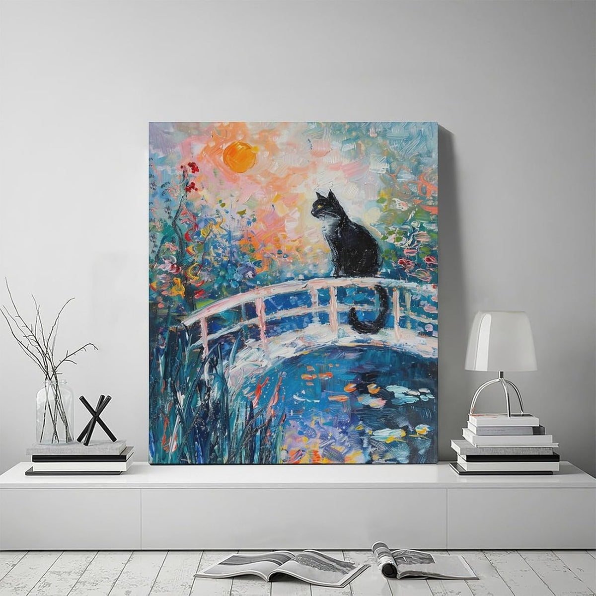Quorin Black Cat Wall Art Water Lily Sunset Pictures Cat Wall Decor Impressionism Canvas Print Painting Artwork for Bathroom Living Room Bedroom 20"x24"