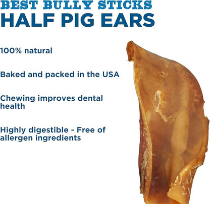 Best Bully Sticks Half Pig Ears for Dogs - 25 Count (Pack of 1) - All-Natural, USA Baked and Packed, Single Ingredient, 100% Pork, Easily Digestible - Puppies, Small, Medium, Large Breed