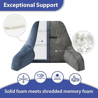 IASEAHK Reading Pillows for Sitting in Bed Adult, Back Pillow for Bed Sitting Up, Backrest Pillows with Shredded Foam for Adult&Teens, Support Pillow with Arms for Beds, Couch, Floor, 20in, Navy Blue