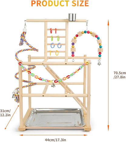 Bird Playground, Parrots Playstand for Small to Medium Birds, Perch Stand with 3 Ladders Playgym with Rope Perch, Swings Feeder Cups Bird Cage Accessories for Conure Cockatiel Lovebirds