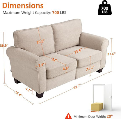 MCombo 67.7" Loveseat Sofa, 2-Seater Small Couch for Small Spaces, Classic Rolled Arm Upholstered Sofa with Solid Wood Legs for Living Room, Removable Cover, Chenille Fabric VE730 (Beige)