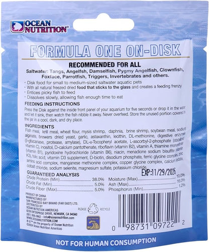 Ocean Nutrition Fish Food Formula One On-Disk - All-Natural Fish Food for Saltwater Carnivore, Tangs, Angels, Clownfish, High Protein (38%), 0.37 oz (10.5 g), Small Size