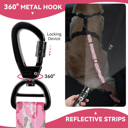 Pawaboo 2Pack Dog Seatbelt for Car, Dog Car Seat Belt Bungee, Dogs Tether for Cars with Buckle & Hook Latch, Adjustable Reflective Dogs Cars Harness Leash with 360° Lockable Buckle, Pink Camouflage
