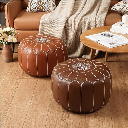 Vintage Leather Pouf Ottoman Round Meditation Cushion Floor Pouf Footrest Retro Fashion Style Floor Cushion for Living Room Solid Construction(Brown)