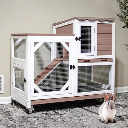 Gutinneen 2-Story Rabbit Hutch with Chew-Proof Ramp & Leak-Proof Trays - Indoor/Outdoor 39.3" Wooden Rabbit Cage with Wheels for Rabbits, Guinea Pigs