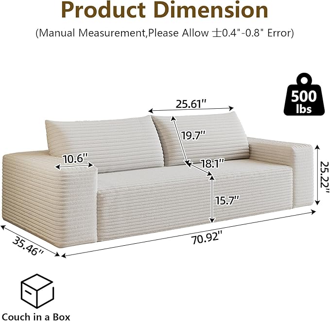 71" Boneless Loveseat Sofa - Cloud Couch with Memory Foam, Comfy Deep Seat - Corduroy Floor Sofa, No Assembly Required - Small Space Friendly for Living Room, Bedroom, Apartment, White