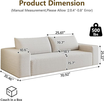 71" Boneless Loveseat Sofa - Cloud Couch with Memory Foam, Comfy Deep Seat - Corduroy Floor Sofa, No Assembly Required - Small Space Friendly for Living Room, Bedroom, Apartment, White