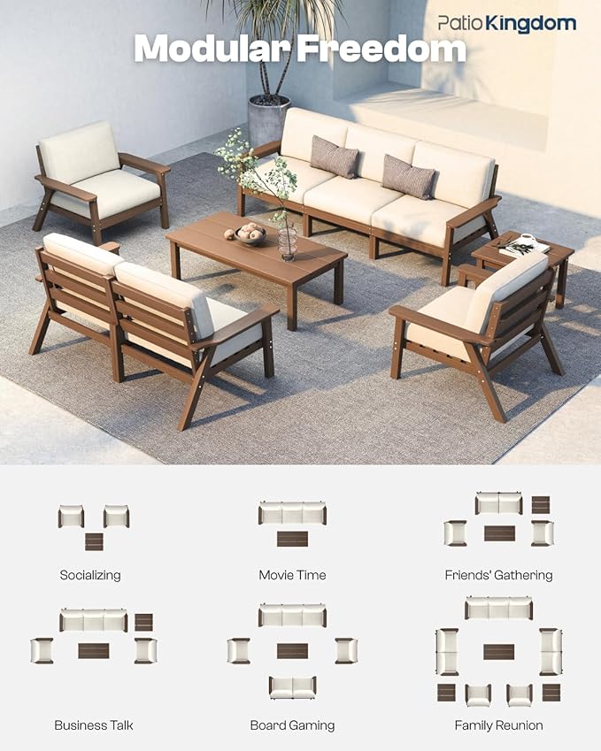 Patio Kingdom 7 Piece Patio Conversation Sets, Outdoor Couch with Washable Thick Beige Cushions, HDPE Patio Furniture Set with 12FT Umbrella, Outdoor Sectional Furniture for Backyard (Brown Frame)
