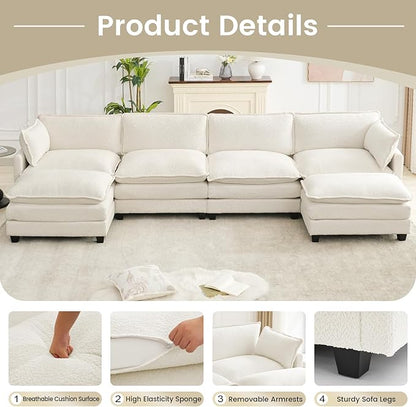 ROWHY Oversized Modular Sectional Couch with 2 Movable Ottoman, 148" Modern Convertible U Shaped Sofa Set, 4 Seat Comfy Cloud Couch with 2 Throw Pillows, for Living Room and Office, Chenille, Beige