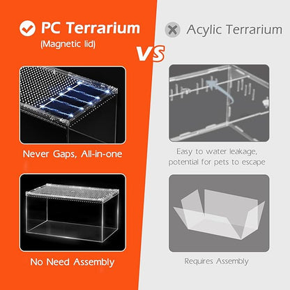 AZV Escape Proof Reptile Terrarium,Shatter Proof Polycarbonate Tarantula Tank with Magnetic Lid,Ventilated Spider Enclosure,360° Clear View,Easy Clean Habitat for Gecko,Frogs,Insects,Hermit Crabs S