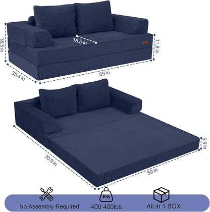 COMAX Convertible Sofa Bed, Folding Floor Couch Corduroy Fold Out Couch Bed Futon Sleeper Mattress with Pillows, Boneless Sofa Comfy Lounge Loveseat for Living Room Bedroom, Navy