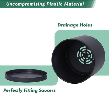 D'vine Dev 4 Pack 5.5 Inch Modern Plastic Plant Pots, Small Garden Planters for Plant with Drainage Holes and Saucers, Black Color, 74-Y-H-2