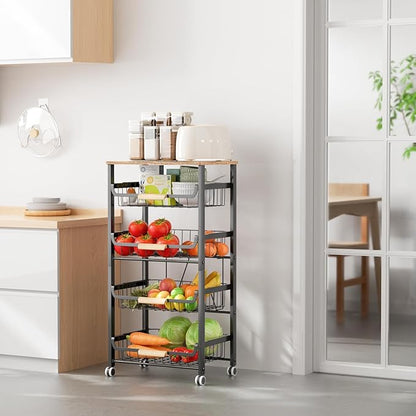 5-Layer Fruit Basket Kitchen Food Organizer and Rack, Stackable Storage Cart