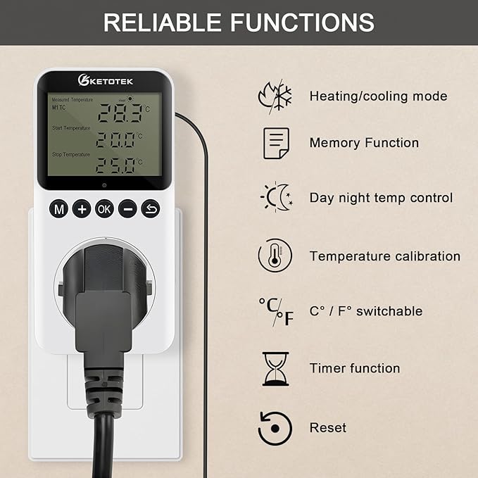 KETOTEK Digital Day/Night Temperature Controller 120V, Thermostat Outlet Plug