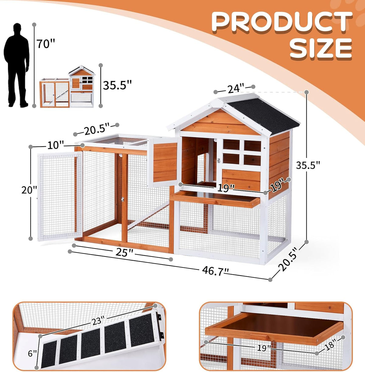 Outvita Rabbit Hutch, Small Wood Chicken Coop, 48" Guinea Pig Cage w/Pull-Out Tray, Waterproof Asphalt Roof, Chicken Run, Interactive Door for Small Animal Pen Outdoor