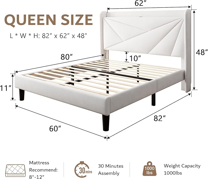 iPormis Queen Size Bed Frame with Charging Station, Velvet Platform Bed Frame with Wingback Upholstered Headboard, Solid Wood Slats Support, No Box Spring Needed, Easy Assembly, White