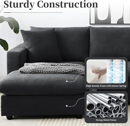 KIVENJAJA Black Cloud Couch for Living Room Apartment Small Spaces, Linen L Shaped Modular Sectional Sofa with Convertible Ottoman Chaise, Modern Minimalist, Metal Frame, 100.4" W 3 Seater