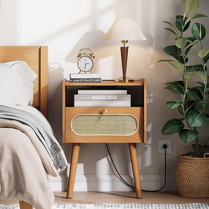 Night Stand Set 2, Mid Century Modern Nightstands Drawer, Rattan Bedside Table with Charging Station, Boho End Table with Storage, Wood Bed Side Tables for Bedroom, Small Space, Cherry