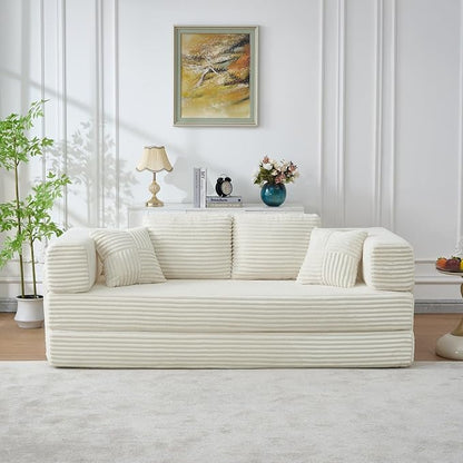 Folding Sofa Bed, Corduroy Loveseat Sleeper with Fixed-Shape Frame, No Assembly Needed Futon Couch, Convertible Floor Sofa Lounge Couch for Living Room, Bedroom, Lounge Studio, Ivory