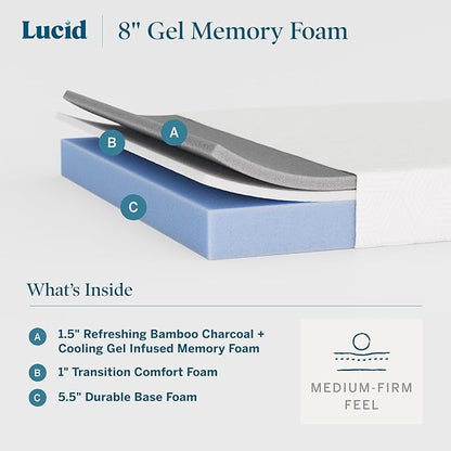 Lucid 8 Inch Memory Foam Mattress - Medium Firm Feel - Infused with Refreshing Bamboo Charcoal and Cooling Gel - Bed in a Box - Temperature Regulating - Pressure Relief - Breathable - Twin XL Size