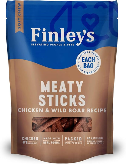 Finley's Chicken & Wild Boar Meaty Sticks Dog Treats, Grain-Free, Soft & Chewy, High Protein, Made in USA, 12 Ounce (Pack of 1)