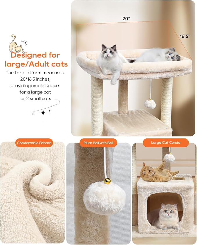 SYANDLVY 27" Cat Tree for Indoor Cats, Activity Tower with Scratching Posts, Modern Kitten Condo with Plush Perch & Hanging Ball for Play, Beige