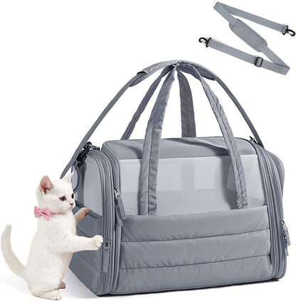 BAGSMART Cat Carrier: Soft-Sided Pet Carrier for Small Medium Cats Dogs Puppy Quilted Collapsible Puffy Travel Bag Up to 20 Lbs Grey
